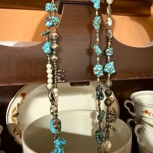 Turquoise and pearl long necklace